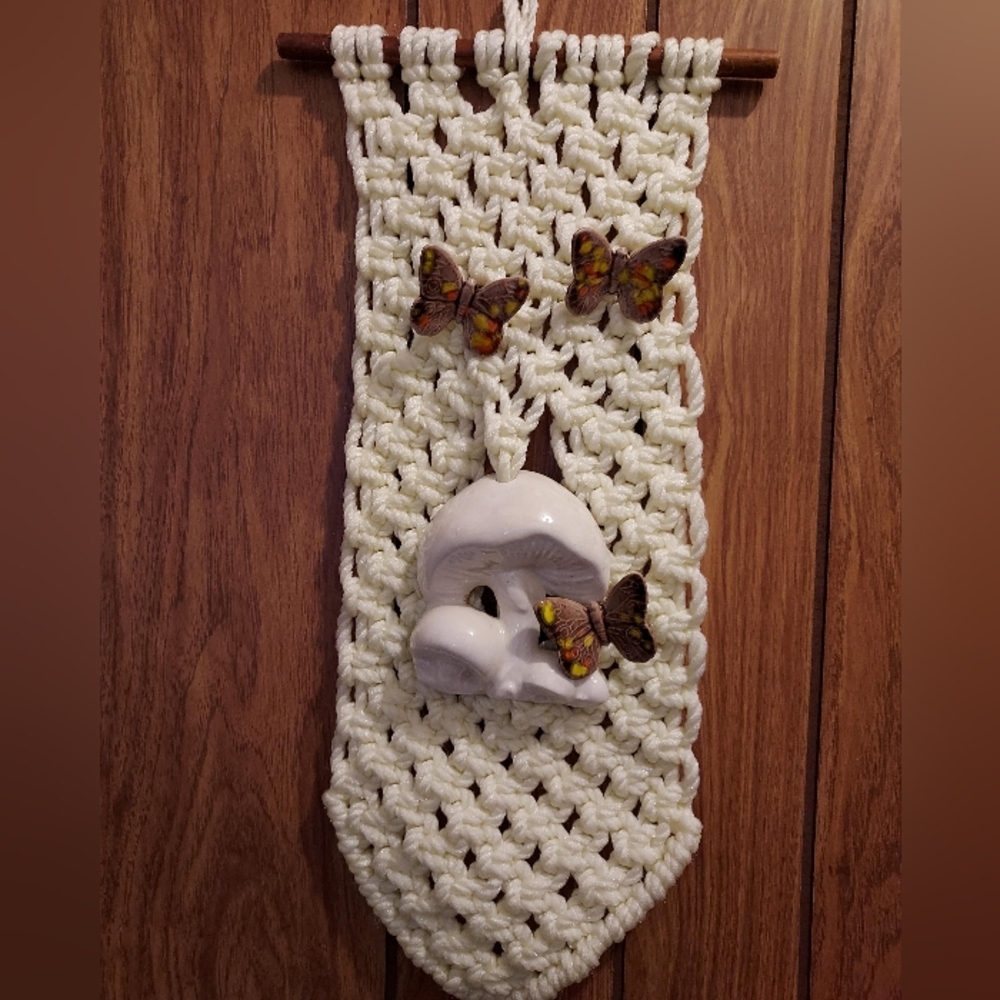 Vintage MCM Macrame Wall Hanging With Ceramic  Mushrooms/Butterflies 18"